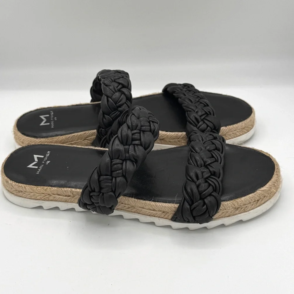 MARC FISHER LTD Jaimee Black Leather Braided Straps Espadrille Sandals Size 8.5